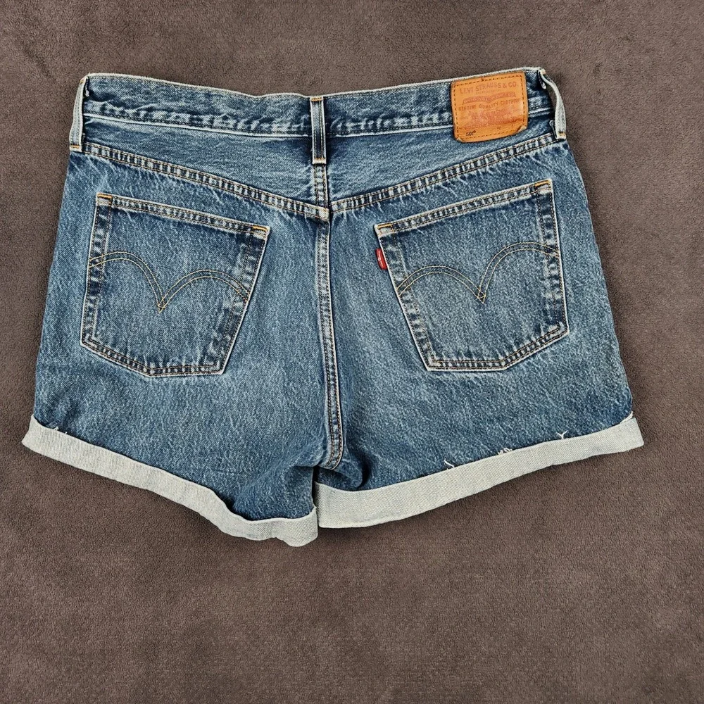 Levis 501 Long Shorts Womens 31 Blue Premium Denim High Rise Button Fly Cuffed